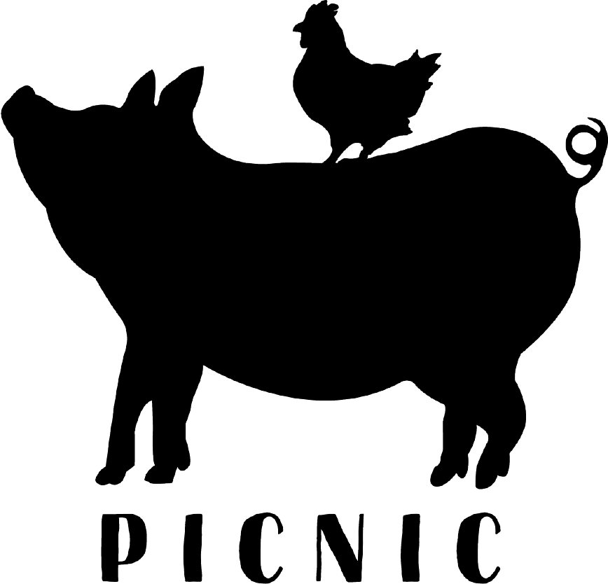 Picnic logo: black silhouette of a pig with a chicken standing on its back, PICNIC lettered below