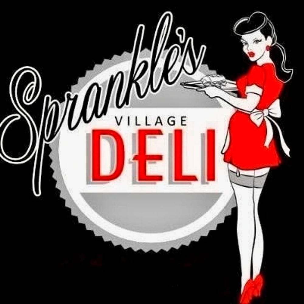 Sprankle's Village Deli logo: white script wordmark on a grey seal, a retro pin-up waitress in red carrying a tray