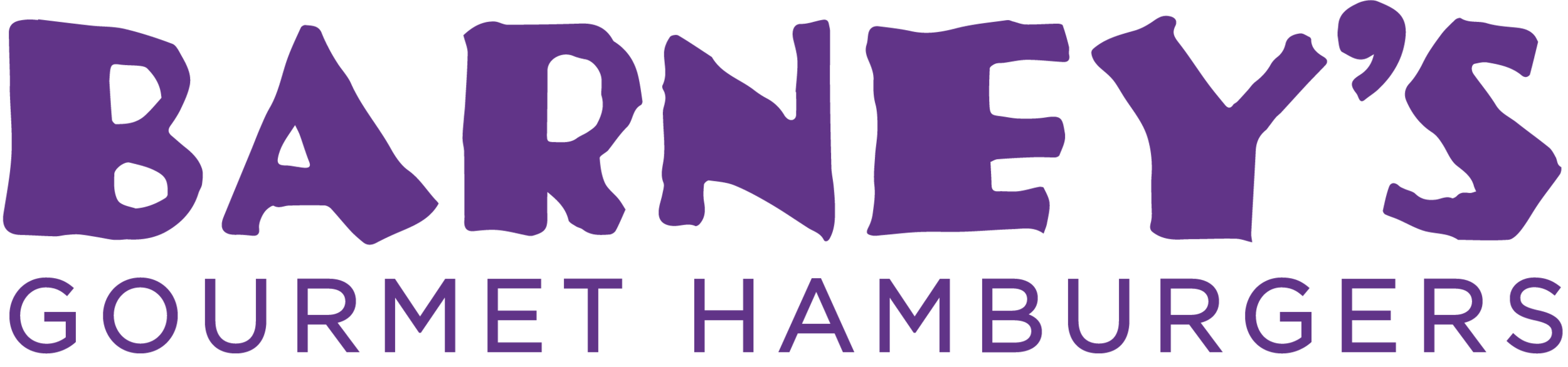 Barney's Gourmet Hamburgers wordmark in purple hand-cut lettering on white