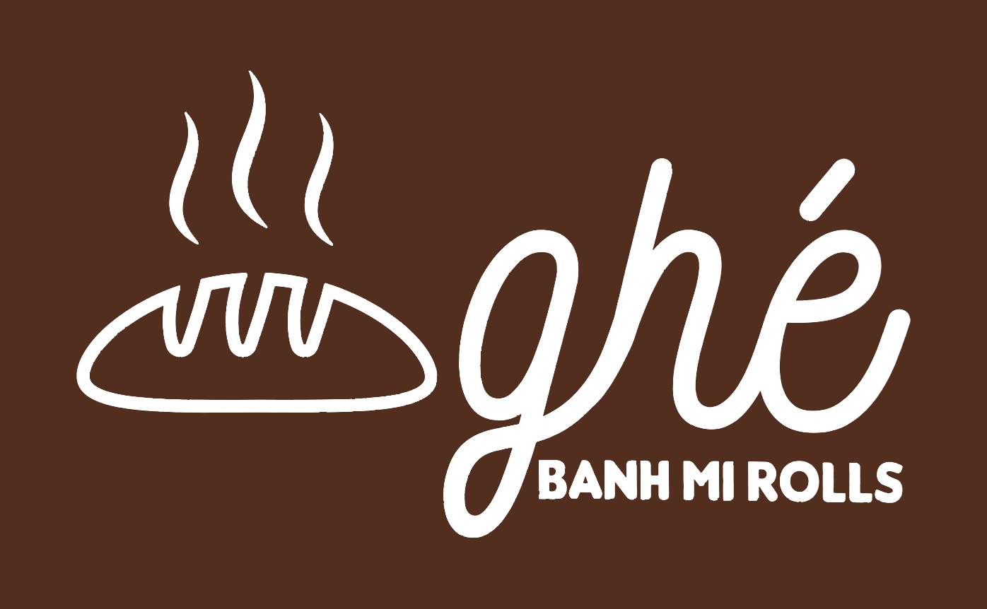 Ghé Banh Mi Rolls logo: white line-drawn steaming baguette and script wordmark on brown