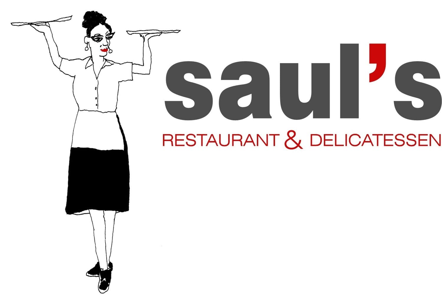 Saul's Restaurant & Delicatessen logo: grey wordmark with a red apostrophe beside a line drawing of a waitress holding two trays
