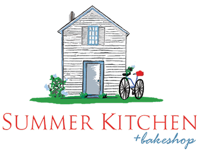 Summer Kitchen + bakeshop logo: a drawn white clapboard house with a blue bicycle, red wordmark below