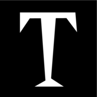 White serif letter T on a black circle, the Troy logo