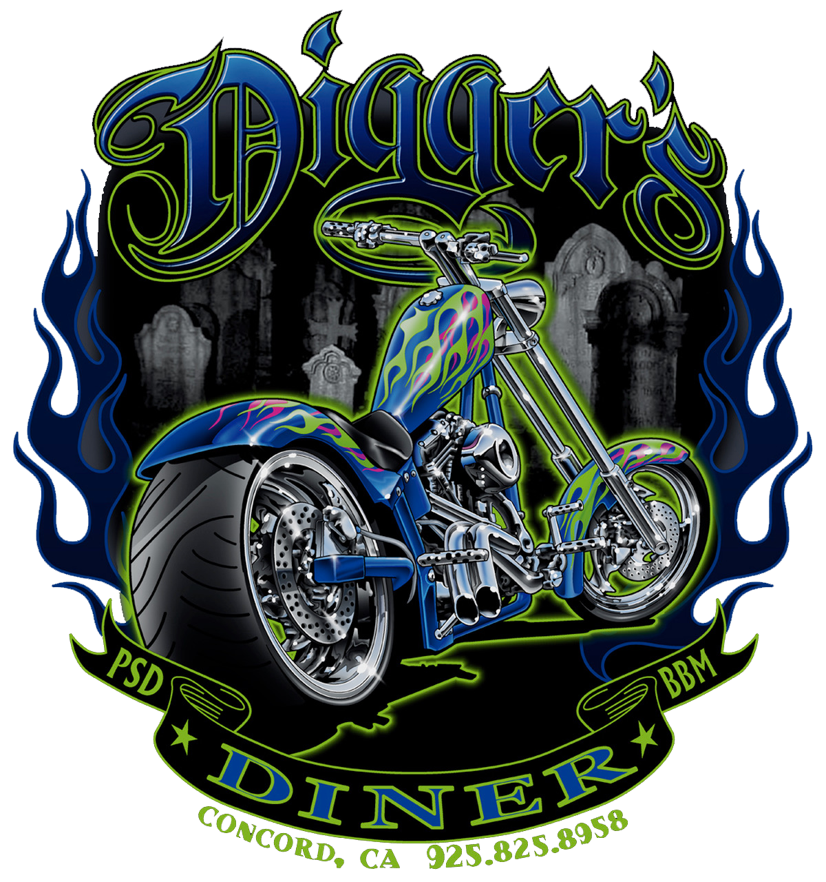 Digger's Diner logo, a blue and green chopper motorcycle ringed by flames, with Concord, CA lettered beneath
