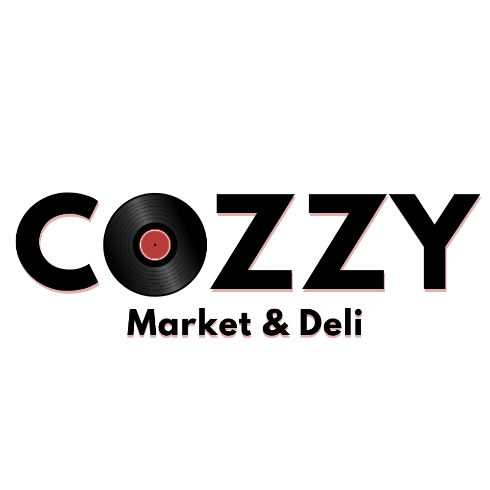 Cozzy Market & Deli wordmark, a black vinyl record with a red label forming the O in COZZY