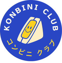 Konbini Club round logo: blue disc, the name arched over a smiling egg-sandwich drawing, katakana beneath