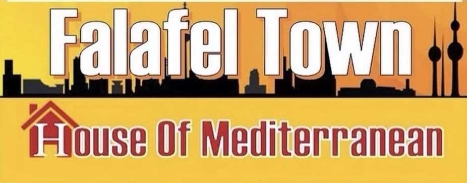 Falafel Town logo: white lettering over a city skyline on orange, 'House Of Mediterranean' in red below