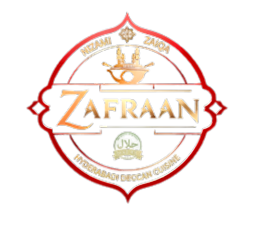 Zafraan logo, gold lettering in a red circular badge with a halal seal, reading Hyderabadi Deccan Cuisine