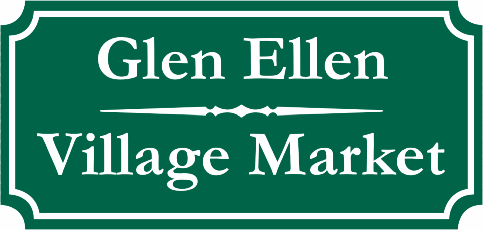 Glen Ellen Village Market logo: white serif lettering on a green sign-shaped plaque with a white border