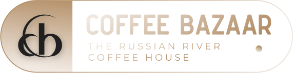 Coffee Bazaar logo: a cb monogram beside the words Coffee Bazaar, The Russian River Coffee House