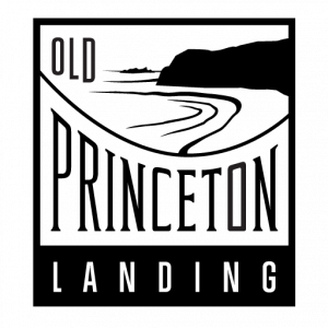 Old Princeton Landing logo, a black-and-white drawing of a curving shoreline and headland above the name