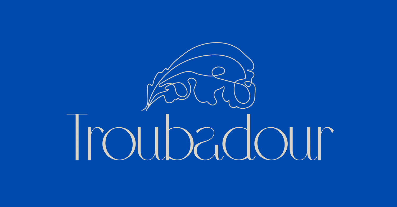 Troubadour wordmark in thin cream serif letters under a line-drawn feather, on a royal blue background
