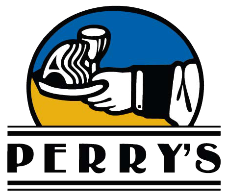 Perry's logo: a hand in a white cuff holding a mug on a blue-and-gold circle above the PERRY'S wordmark