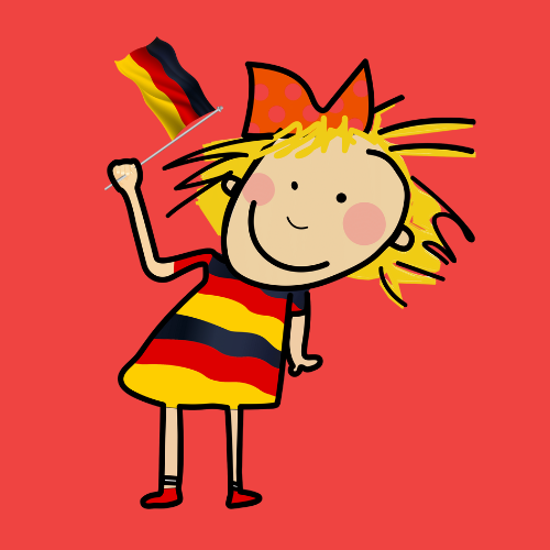 Esther's Kitchen logo: a cartoon girl in a black, red and gold dress waving a small German flag on a red background