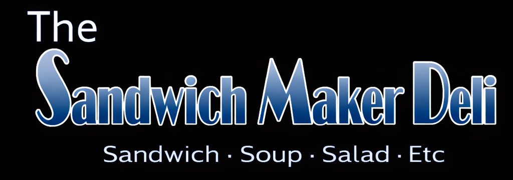 The Sandwich Maker Deli wordmark in blue on black, tagline Sandwich, Soup, Salad, Etc