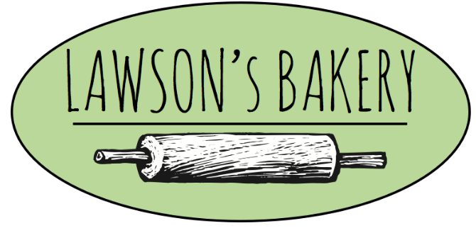 Lawson's Bakery logo: a green oval with the name in hand-lettered capitals above a sketched rolling pin