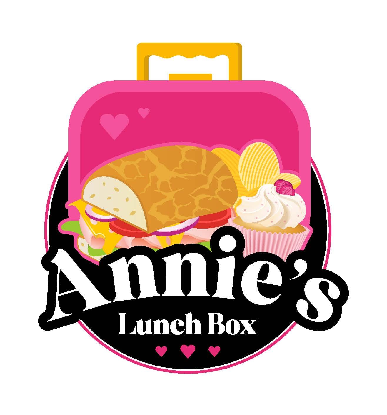 Annie's Lunch Box logo: a pink lunch box with a sandwich, chips and a cupcake over the name in white