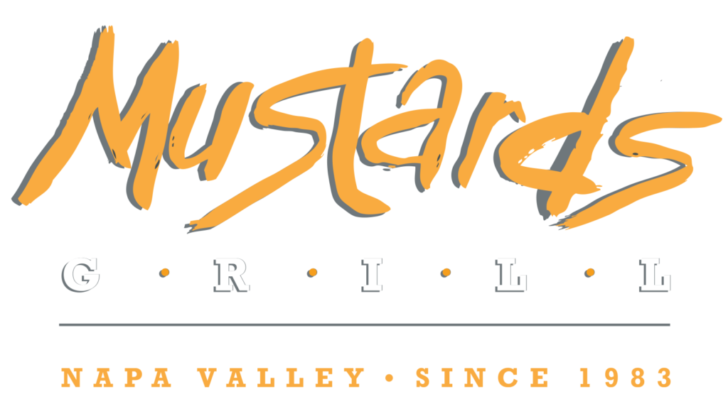 Mustards Grill wordmark: orange brush-script "Mustards" over "G R I L L" and "Napa Valley, Since 1983"
