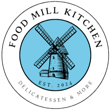 Food Mill Kitchen round logo: a windmill on a blue circle, with Est. 2024 and Delicatessen & More