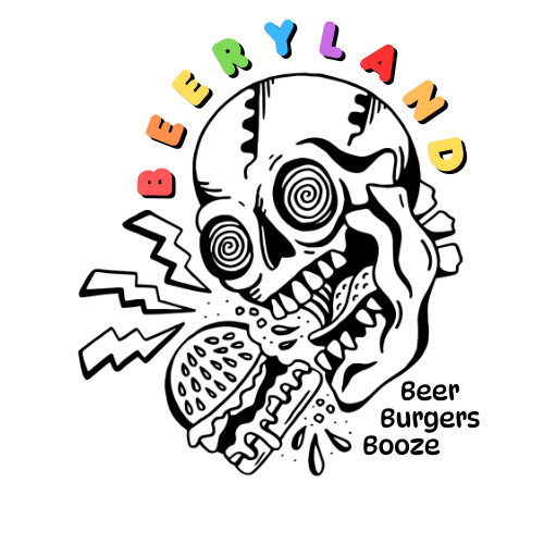 Beeryland logo: a skull biting a burger, rainbow lettering, tagline Beer Burgers Booze