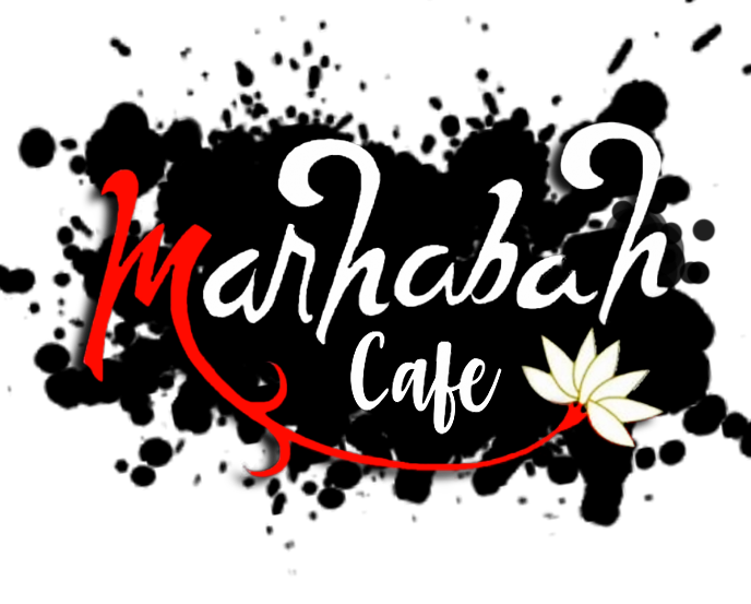 Marhabah Cafe logo: white script lettering over a black ink splatter with a red flourish and a white lotus