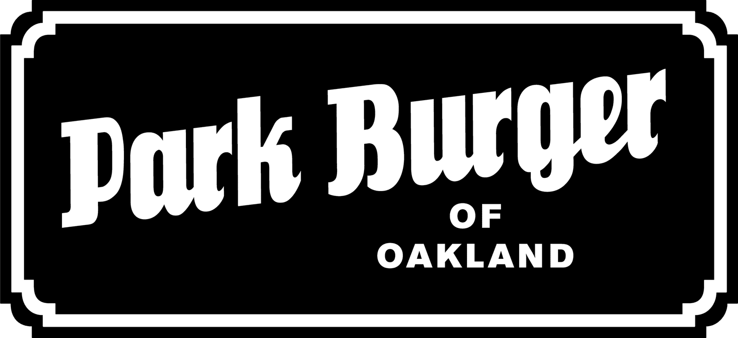 Park Burger of Oakland logo: white script lettering on a black rounded sign panel