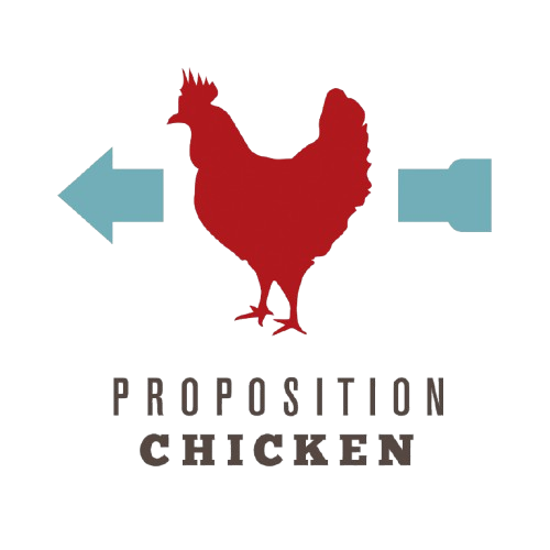 Proposition Chicken logo: a red rooster silhouette between two blue arrows, above the name in dark lettering