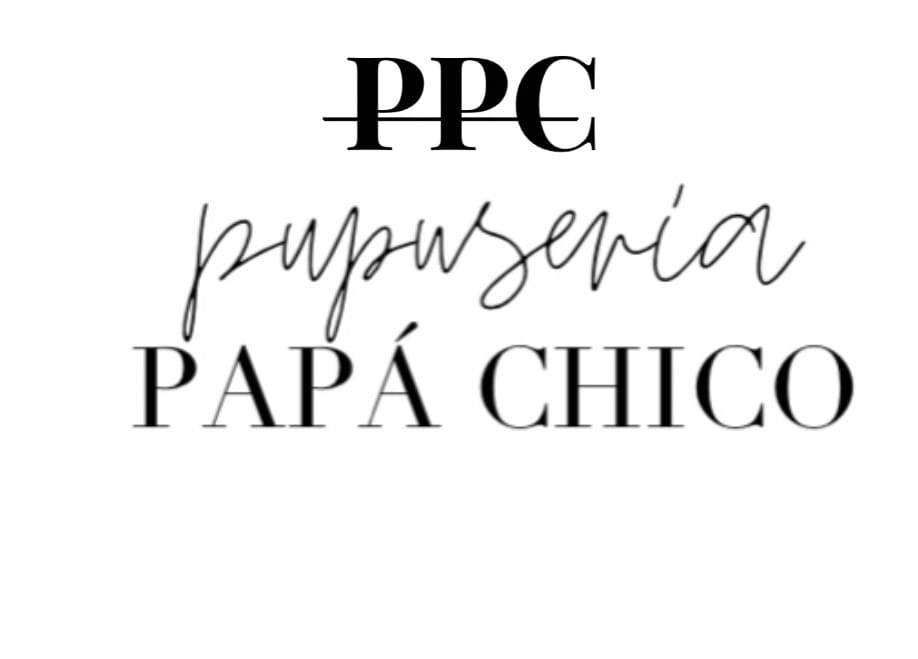 Black-on-white wordmark: a PPC monogram above 'pupuseria Papá Chico' in script and serif lettering