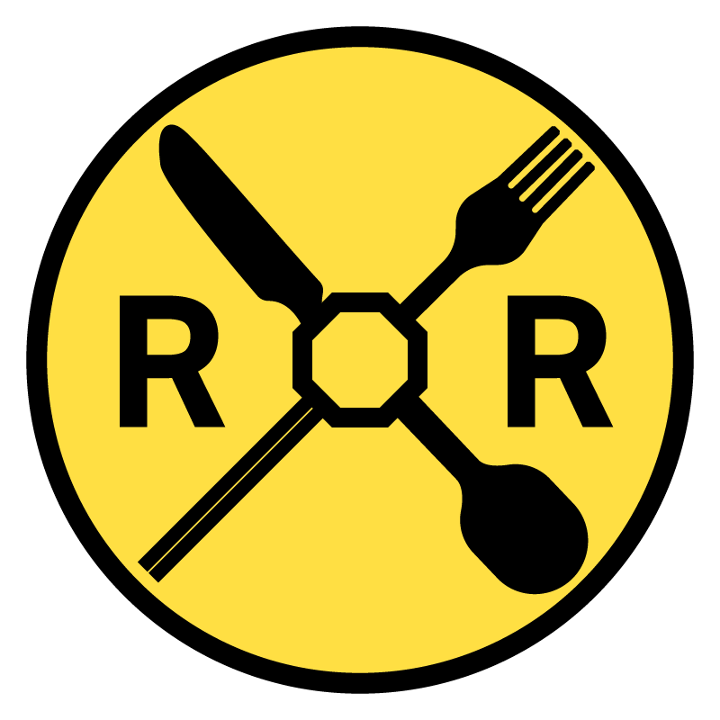 Railroad Stop Deli logo: a yellow railroad-crossing disc with a crossed knife and fork, a spoon, and the letters R R.