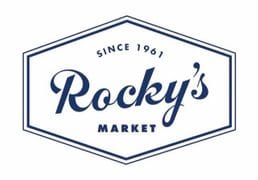 Rocky's Market logo: a navy hexagonal badge with the name in script and 'since 1961' above it