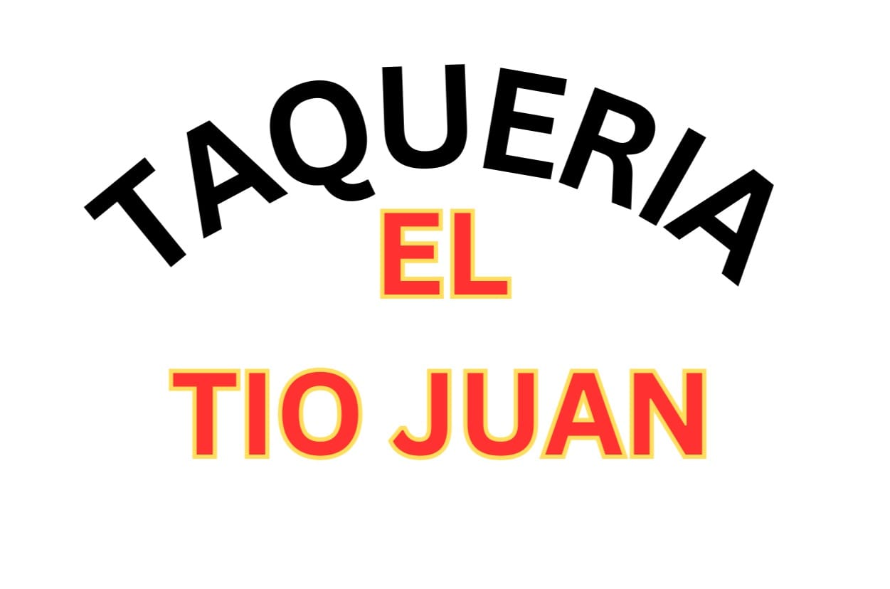 Taqueria El Tio Juan wordmark: arched black TAQUERIA over red EL TIO JUAN on white