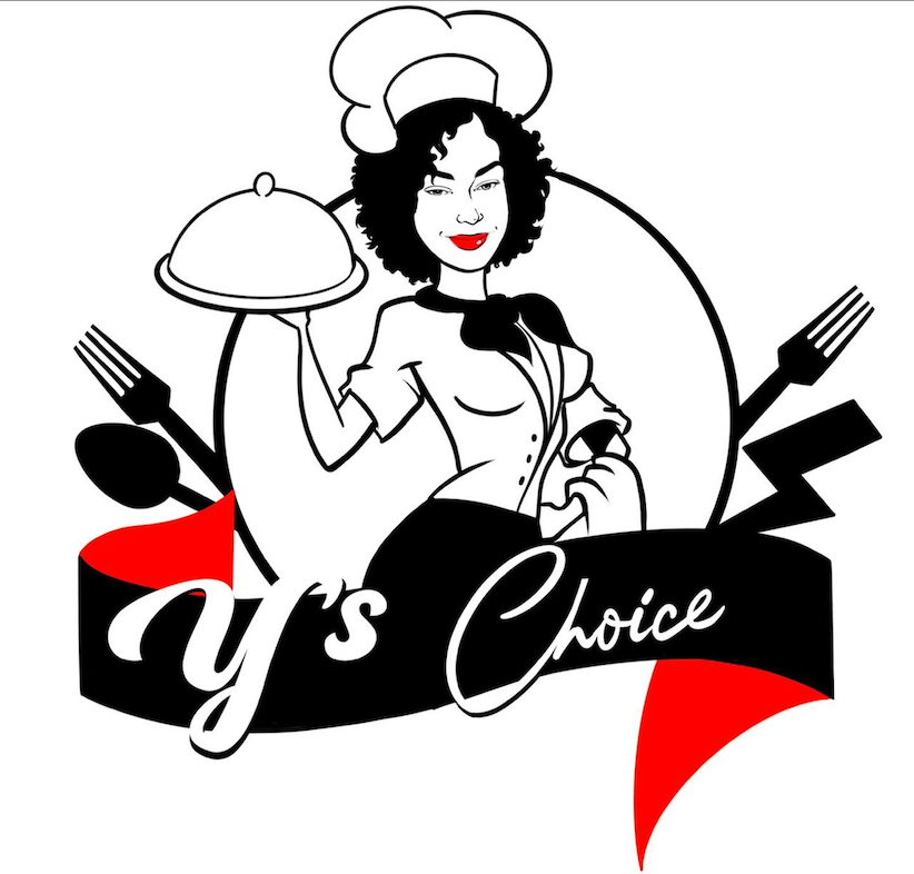 Y's Choice logo: cartoon chef in a toque lifting a covered dish, crossed fork and spoon, name on a black ribbon