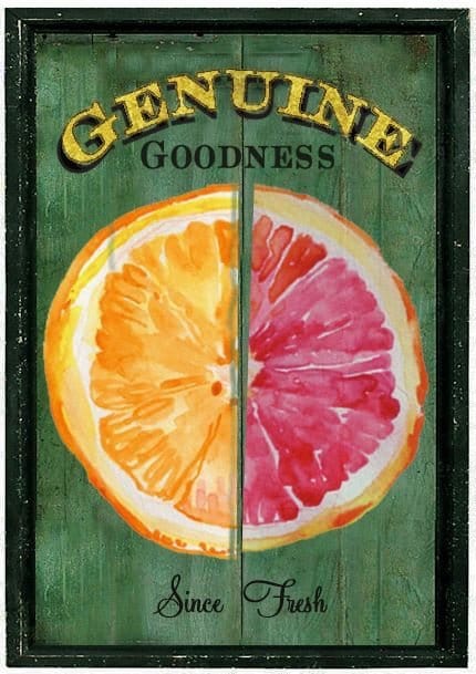 Genuine Goodness painted sign logo: a watercolor citrus half on green wood boards, reading Since Fresh