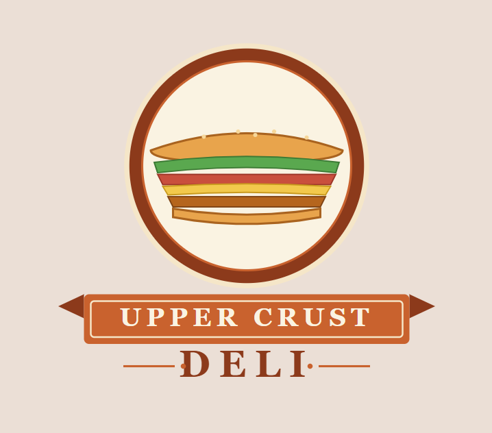 Upper Crust Deli logo: a layered sandwich drawn inside a brown ring, the name on an orange banner below