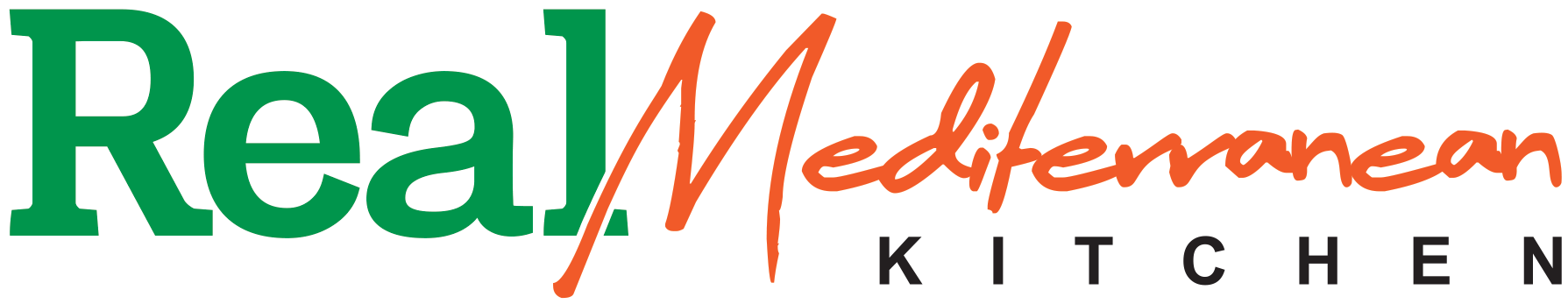Real Mediterranean Kitchen wordmark: green Real, orange script Mediterranean, black spaced Kitchen, on white