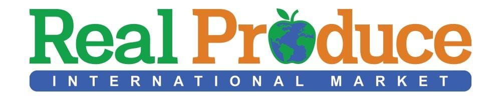 Real Produce International Market logo: green and orange wordmark with a globe-apple in the O, blue banner beneath