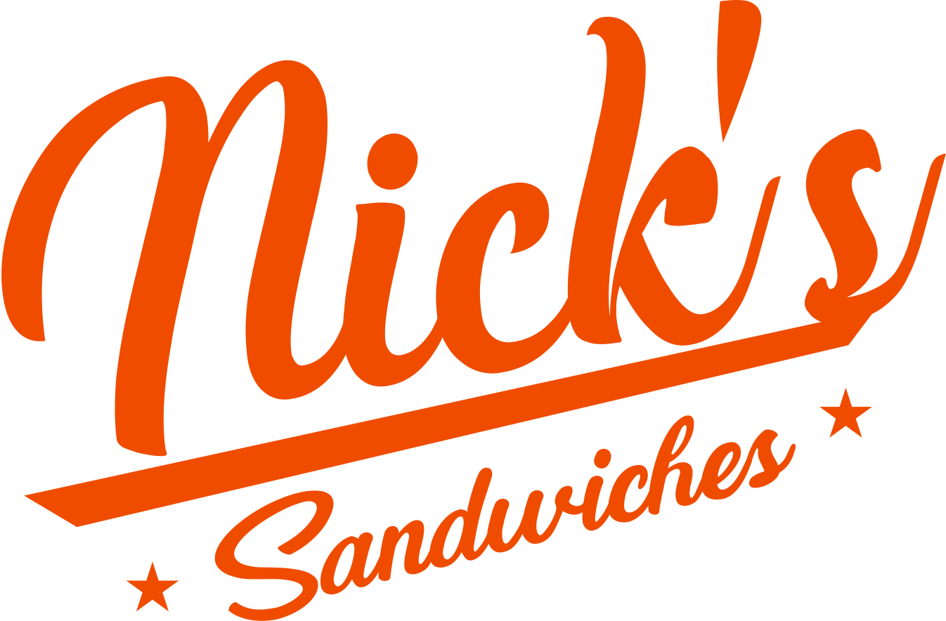 Nick's Sandwiches wordmark: orange script lettering with an underline and two small stars on white