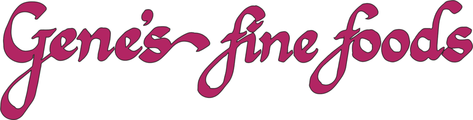 Gene's fine foods wordmark in magenta script lettering on white