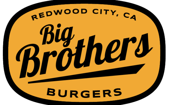 Big Brothers Burgers badge logo: black script on a yellow rounded shield, with Redwood City, CA above