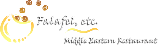Falafel, etc. logo: white script wordmark reading 'Middle Eastern Restaurant' beside a yellow bowl with brown falafel swirls
