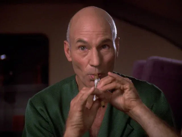 Patrick Stewart as Picard in a green robe, playing a small wooden flute.