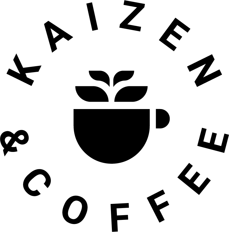 Kaizen & Coffee round logo: black cup with sprouting leaves, ringed by the name in black capitals on white