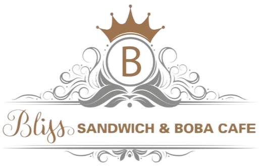 Bliss Sandwich & Boba Cafe logo: a gold crown over a circled letter B with grey scrollwork and the cafe name beneath